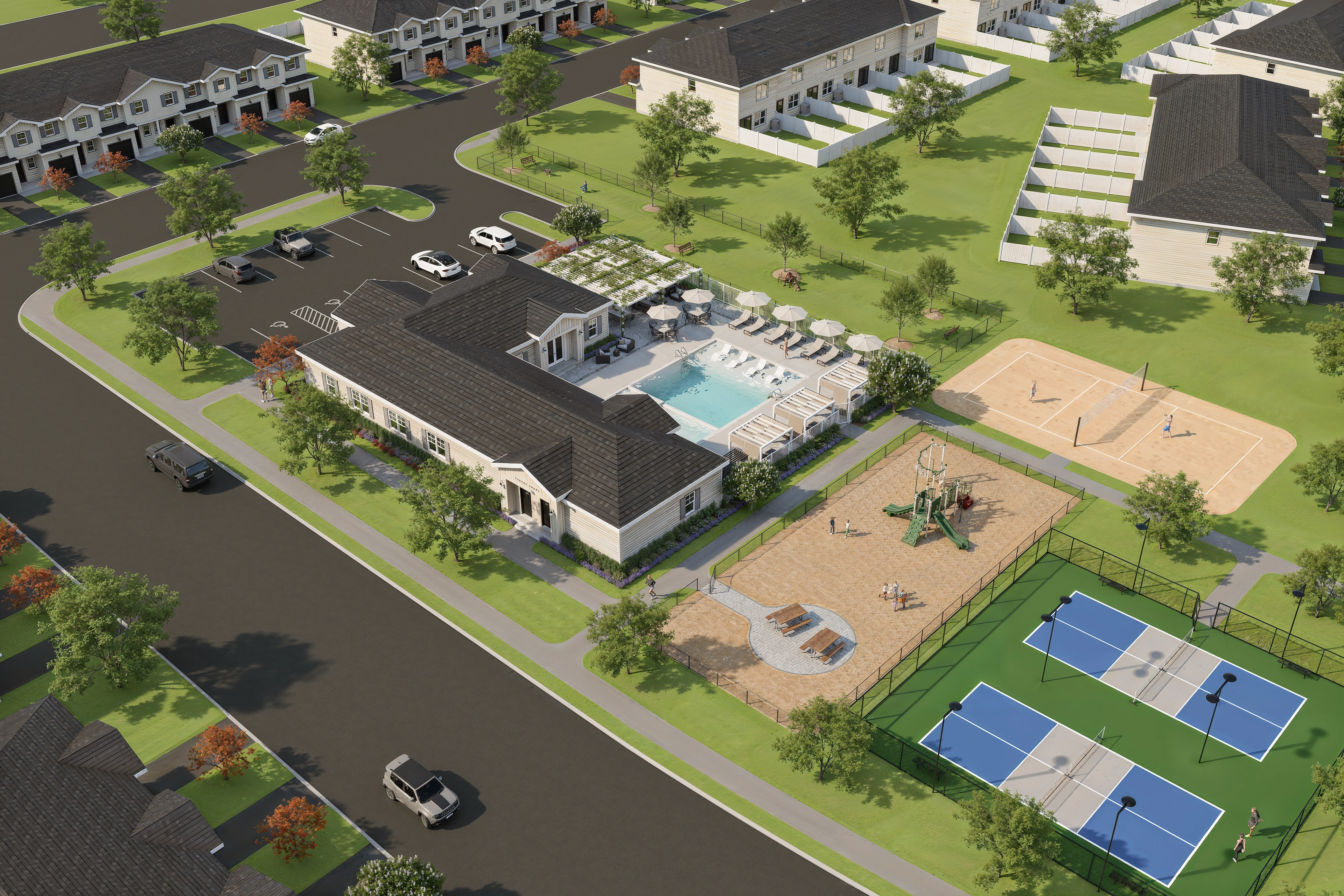 Aerial rendering of the Aurora Oaks clubhouse, pool, playground, volleyball court and pickleball courts.