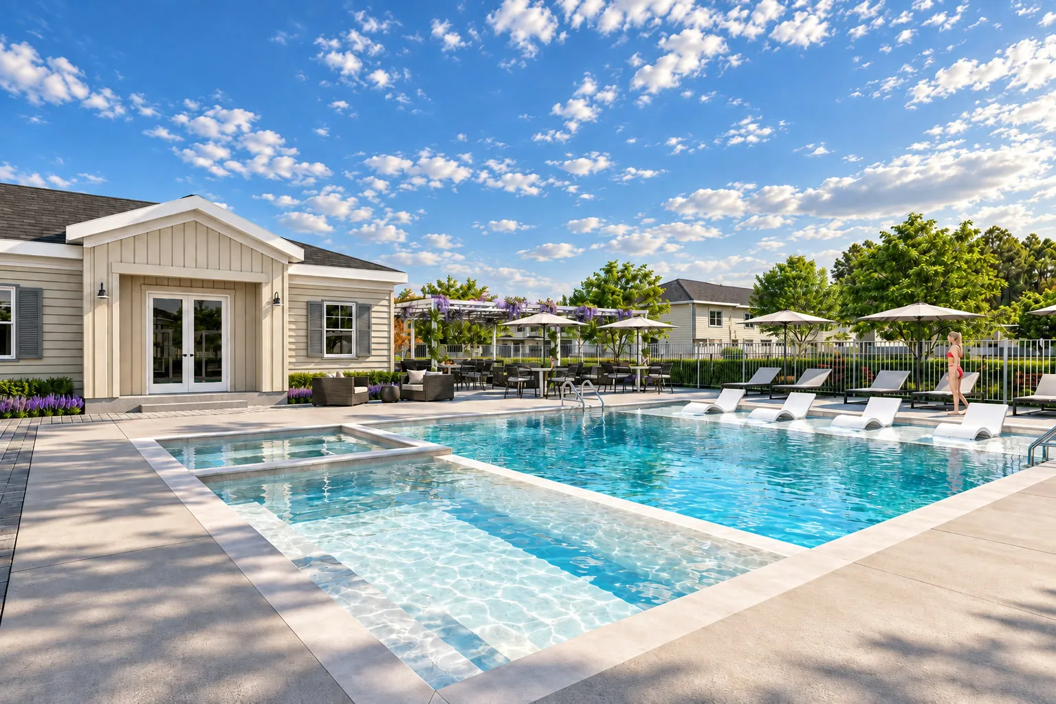 Rendering of outdoor swimming pool and loungers at Aurora Oaks in Ocala, FL.