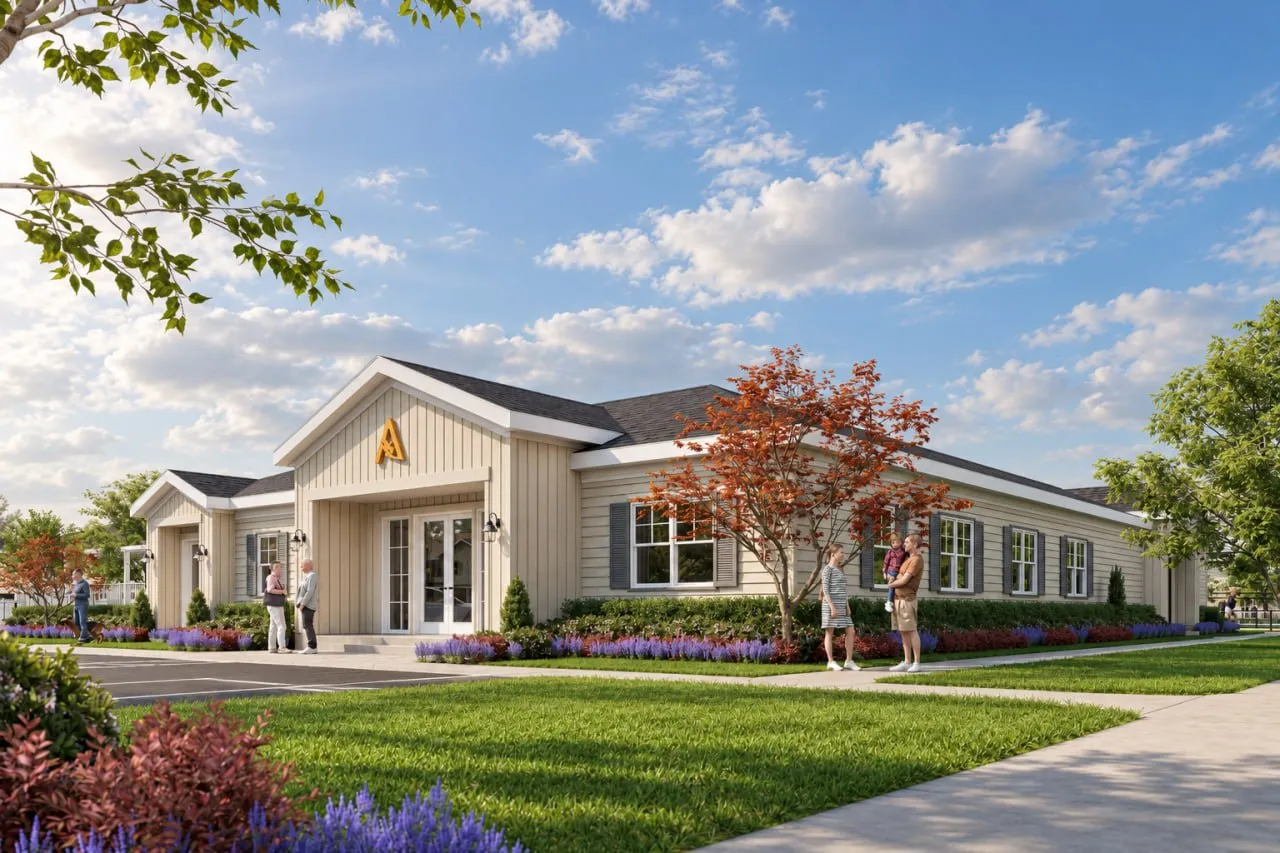 Exterior rendering of the Aurora Oaks clubhouse entrance.
