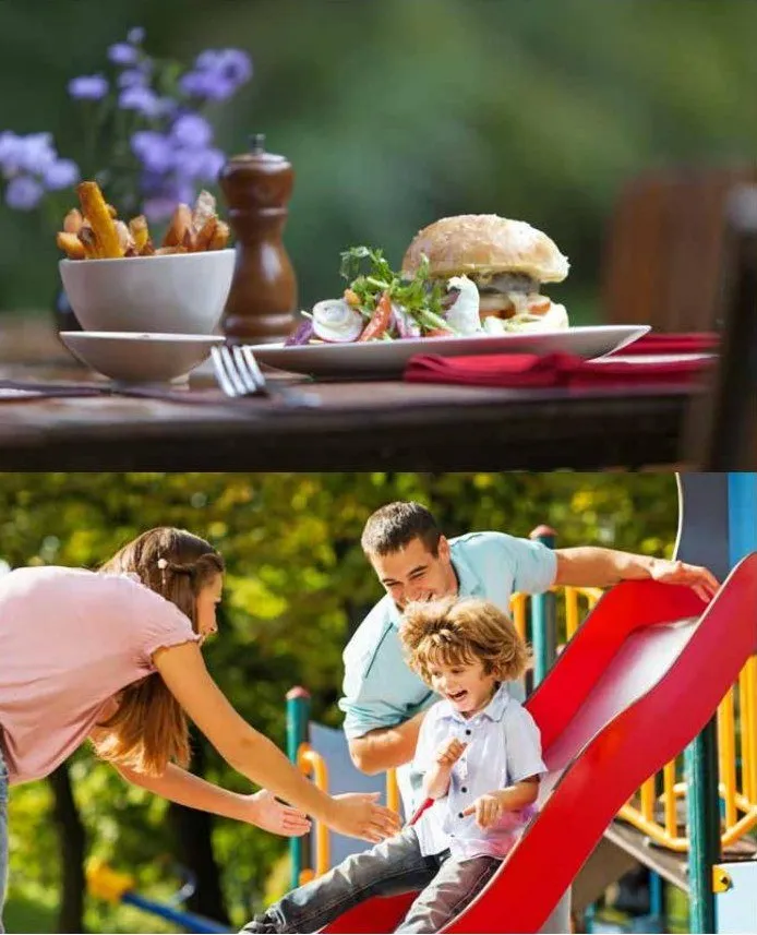 Outdoor dining and a family enjoying a neighbourhood playground.