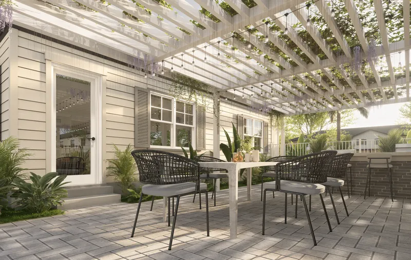 Rendering of shaded outdoor lounge beneath a white pergola at Aurora Oaks in Ocala, FL.
