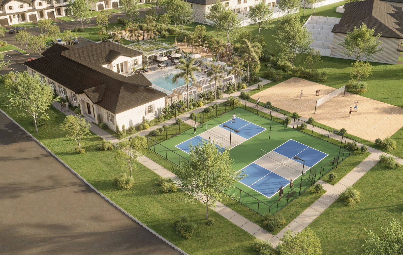 Aerial rendering of homes and amenities at Aurora Oaks in Ocala, FL.
