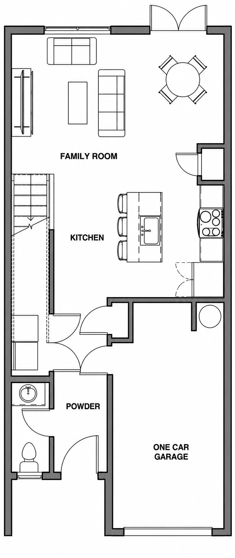 First floor plan of The Grove at Aurora Oaks, with family room, kitchen, powder room and one-car garage.